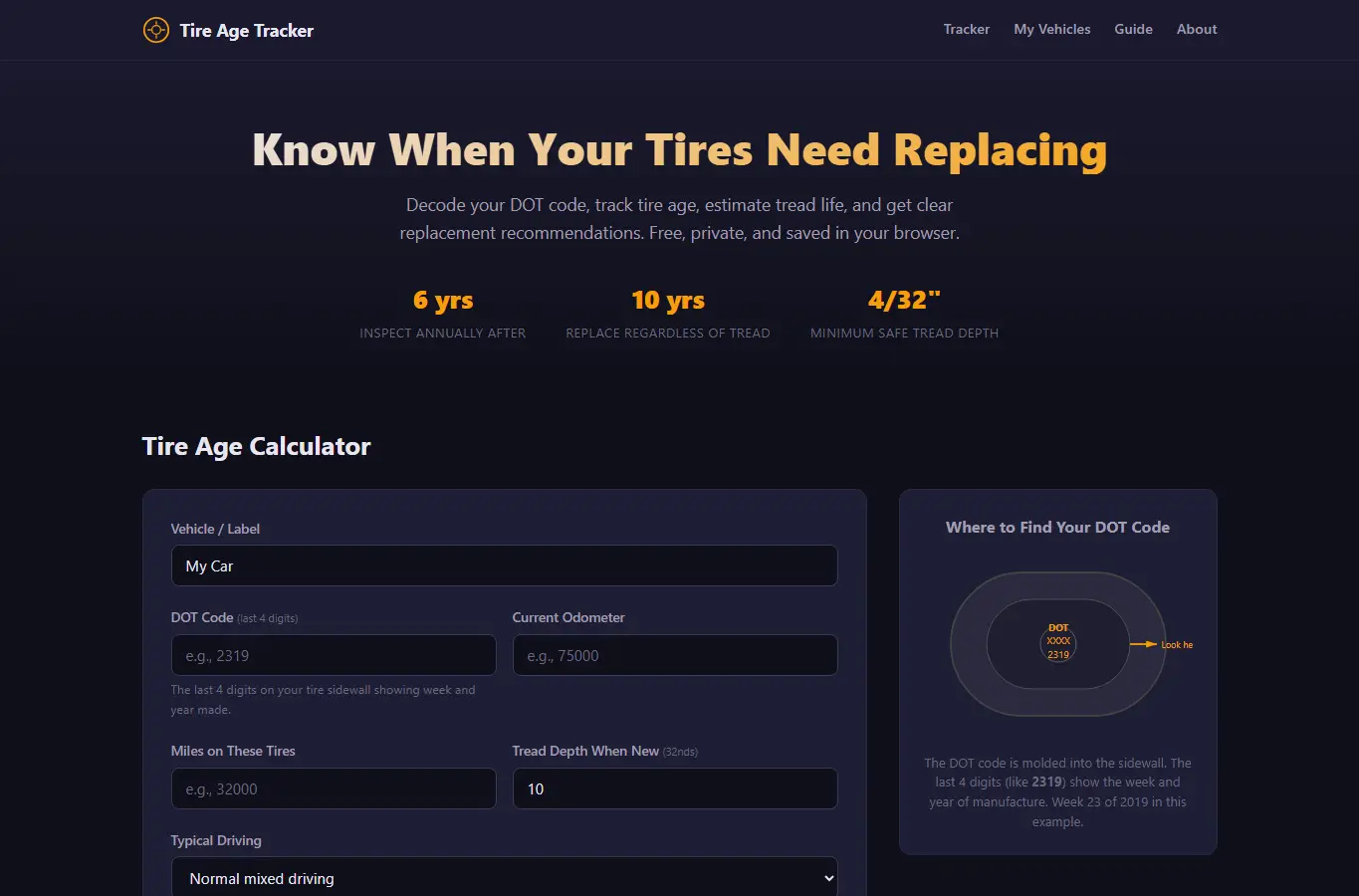 Screenshot of Tire Age & Replacement Reminder interface showing the project page in use